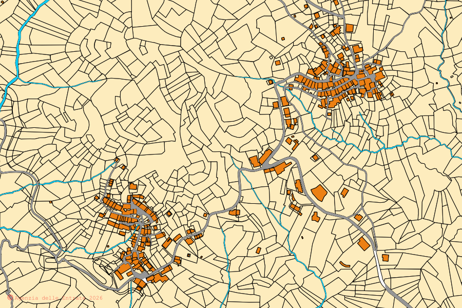 Mapa cadastral do centro de Coggiola: parcelas e edifícios, cartografia da Agenzia delle Entrate