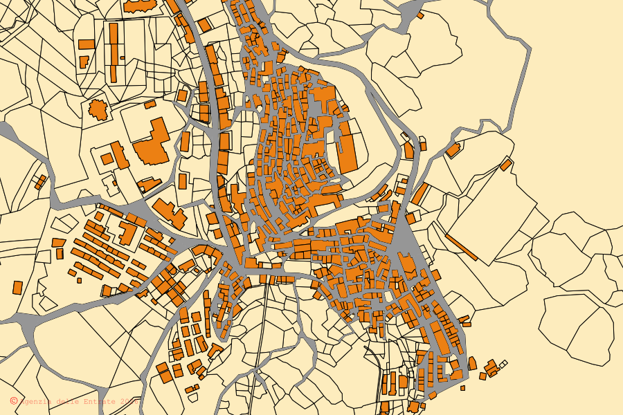 Mapa cadastral do centro de Colobraro: parcelas e edifícios, cartografia da Agenzia delle Entrate