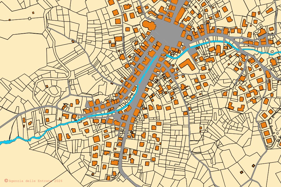 Mapa cadastral do centro de Comelico Superiore: parcelas e edifícios, cartografia da Agenzia delle Entrate