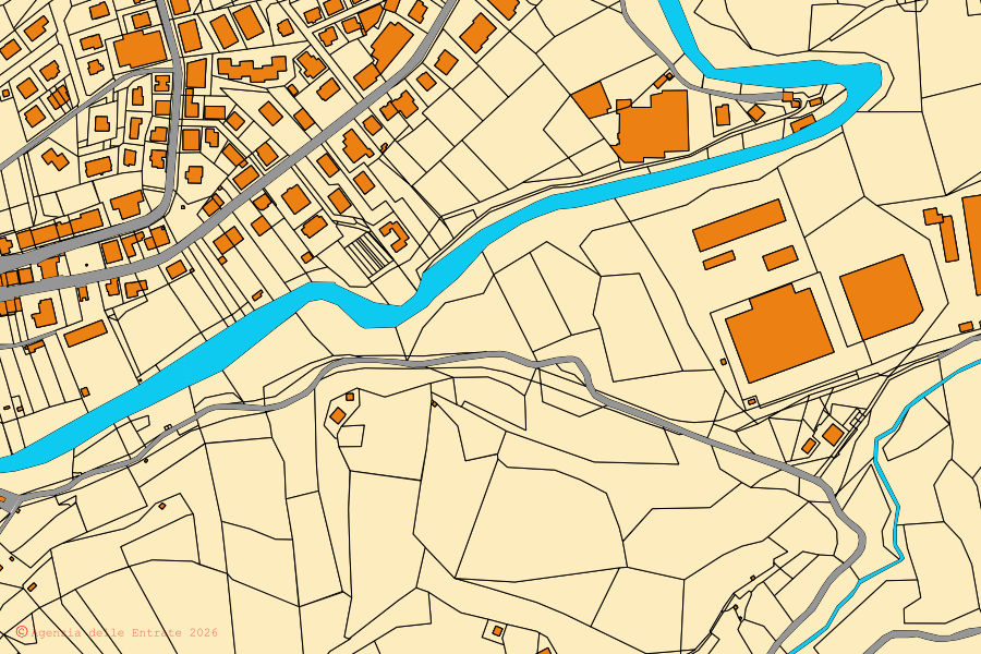 Mapa cadastral do centro de Comunanza: parcelas e edifícios, cartografia da Agenzia delle Entrate