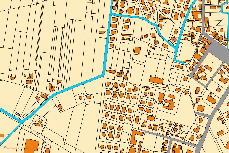 Mapa cadastral do centro de Cona: parcelas e edifícios, cartografia da Agenzia delle Entrate