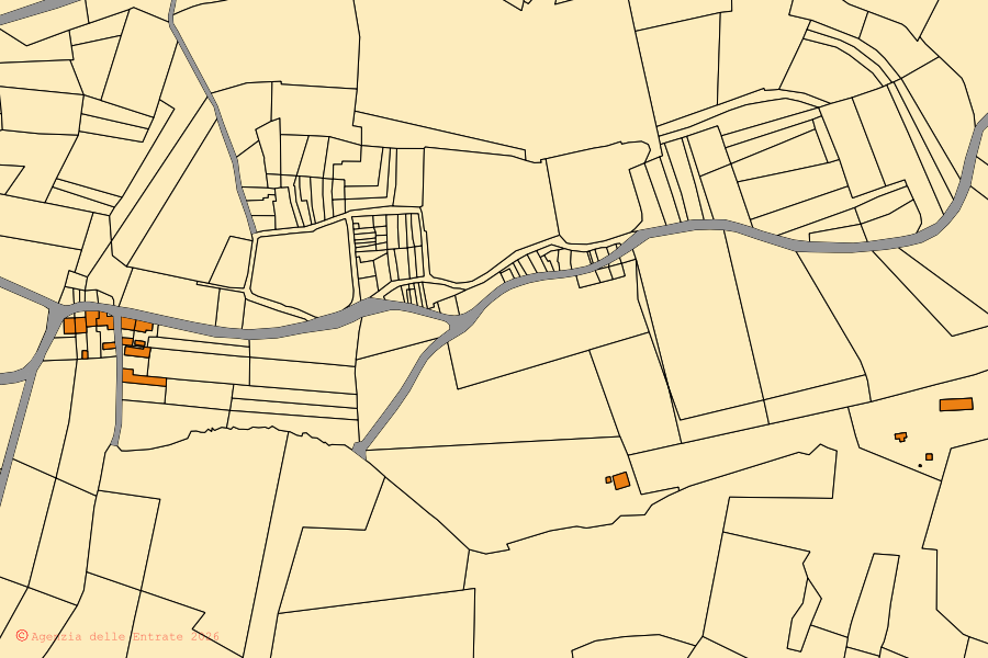 Mapa cadastral do centro de Coniolo: parcelas e edifícios, cartografia da Agenzia delle Entrate