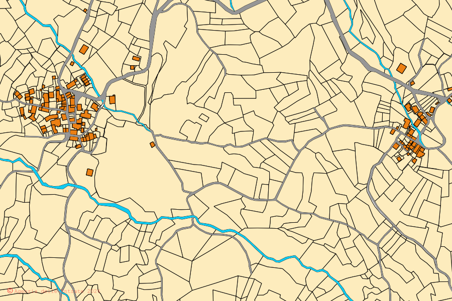 Mapa cadastral do centro de Corniglio: parcelas e edifícios, cartografia da Agenzia delle Entrate