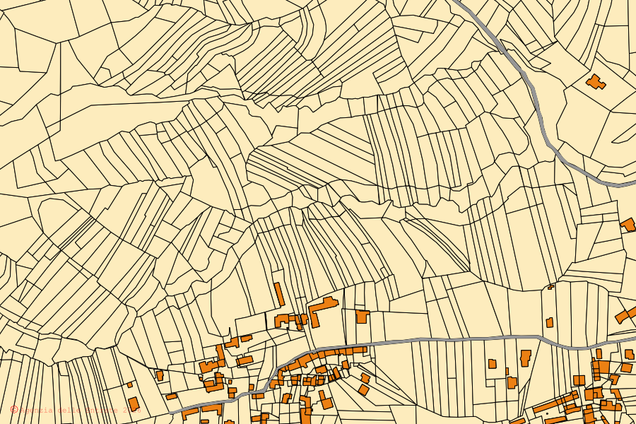 Mapa cadastral do centro de Cumiana: parcelas e edifícios, cartografia da Agenzia delle Entrate