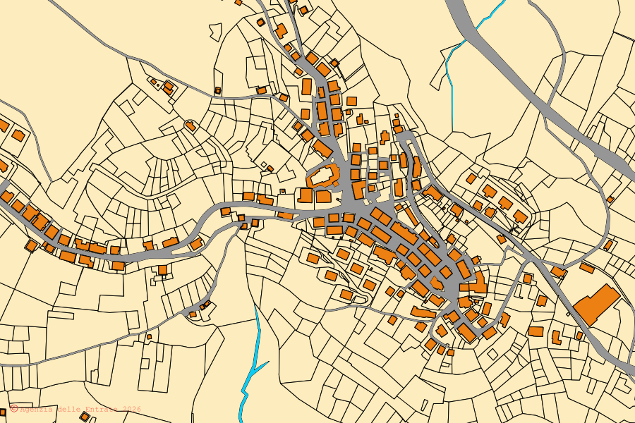 Mapa cadastral do centro de Danta di Cadore: parcelas e edifícios, cartografia da Agenzia delle Entrate