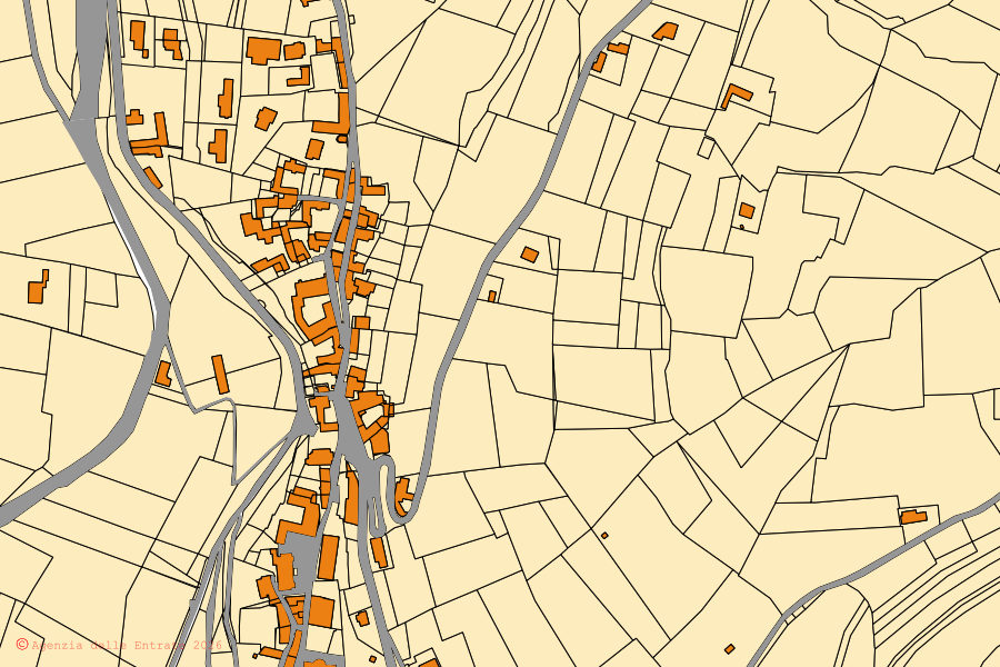 Mapa cadastral do centro de Diano d'Alba: parcelas e edifícios, cartografia da Agenzia delle Entrate