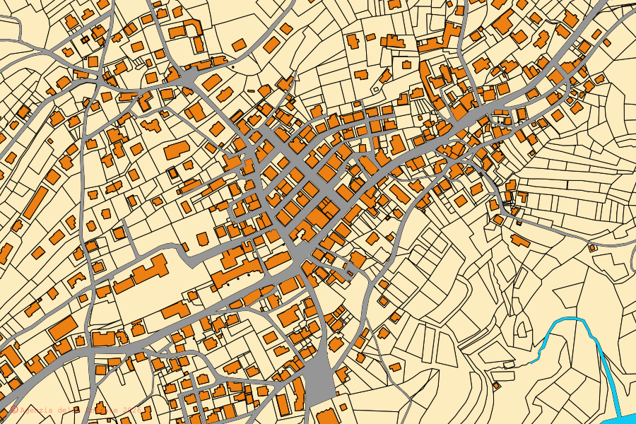 Mapa cadastral do centro de Domegge di Cadore: parcelas e edifícios, cartografia da Agenzia delle Entrate