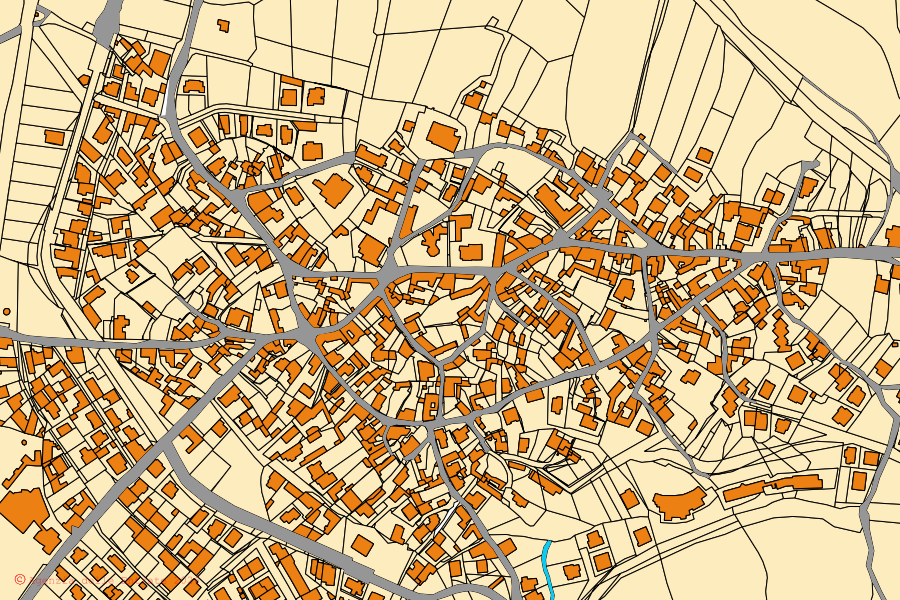 Mapa cadastral do centro de Donori: parcelas e edifícios, cartografia da Agenzia delle Entrate