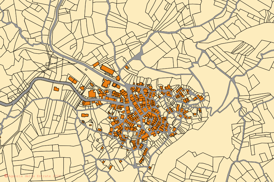 Mapa cadastral do centro de Fallo: parcelas e edifícios, cartografia da Agenzia delle Entrate
