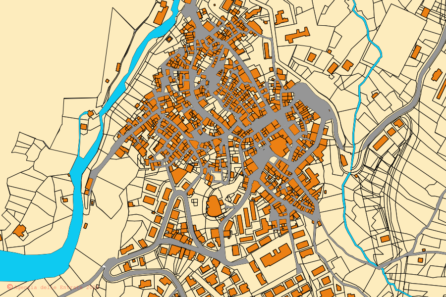 Mapa cadastral do centro de Fara San Martino: parcelas e edifícios, cartografia da Agenzia delle Entrate