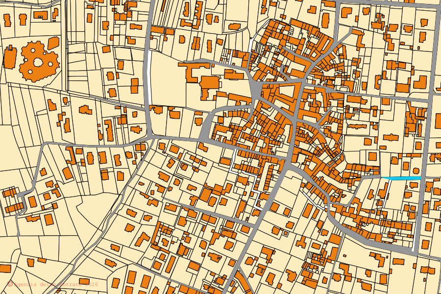 Mapa cadastral do centro de Fenegrò: parcelas e edifícios, cartografia da Agenzia delle Entrate