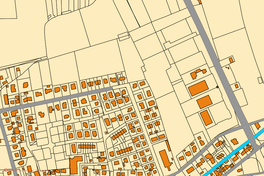 Mapa cadastral do centro de Ficarolo: parcelas e edifícios, cartografia da Agenzia delle Entrate