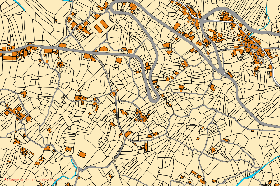 Mapa cadastral do centro de Ficarra: parcelas e edifícios, cartografia da Agenzia delle Entrate