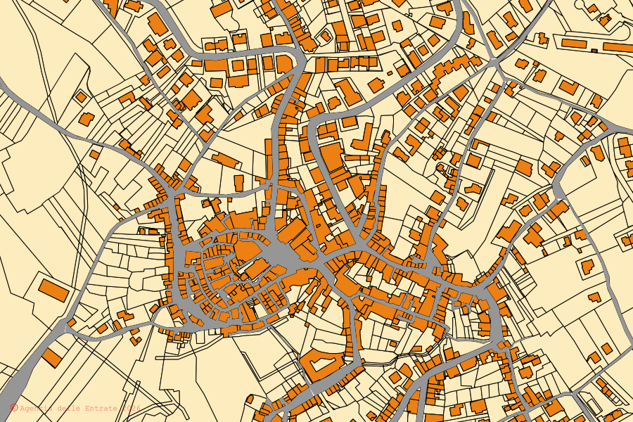 Mapa cadastral do centro de Fontanarosa: parcelas e edifícios, cartografia da Agenzia delle Entrate