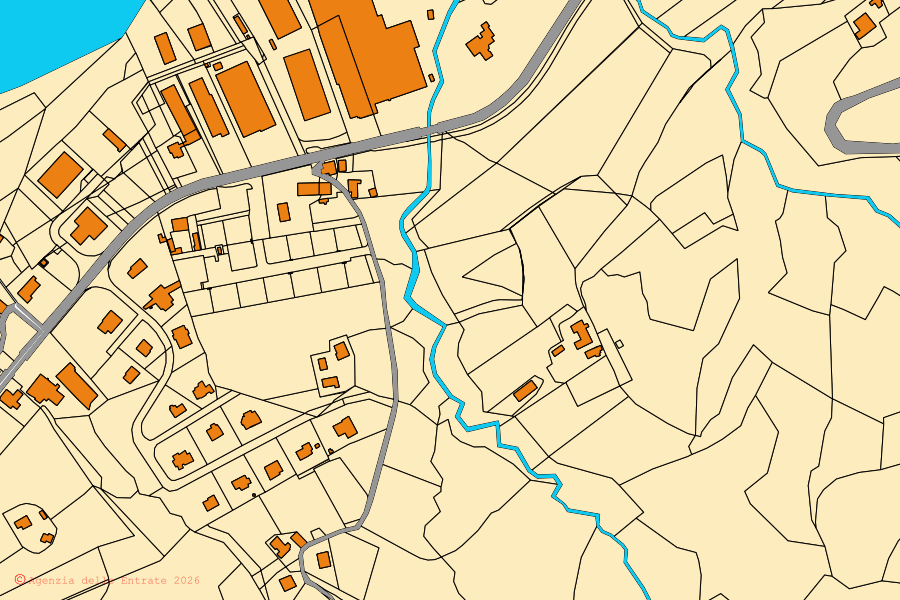 Mapa cadastral do centro de Fontanelice: parcelas e edifícios, cartografia da Agenzia delle Entrate