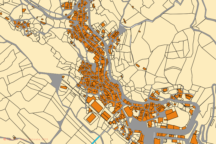 Mapa cadastral do centro de Forza d'Agrò: parcelas e edifícios, cartografia da Agenzia delle Entrate
