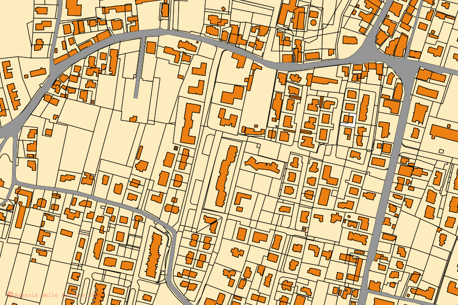 Mapa cadastral do centro de Fossò: parcelas e edifícios, cartografia da Agenzia delle Entrate