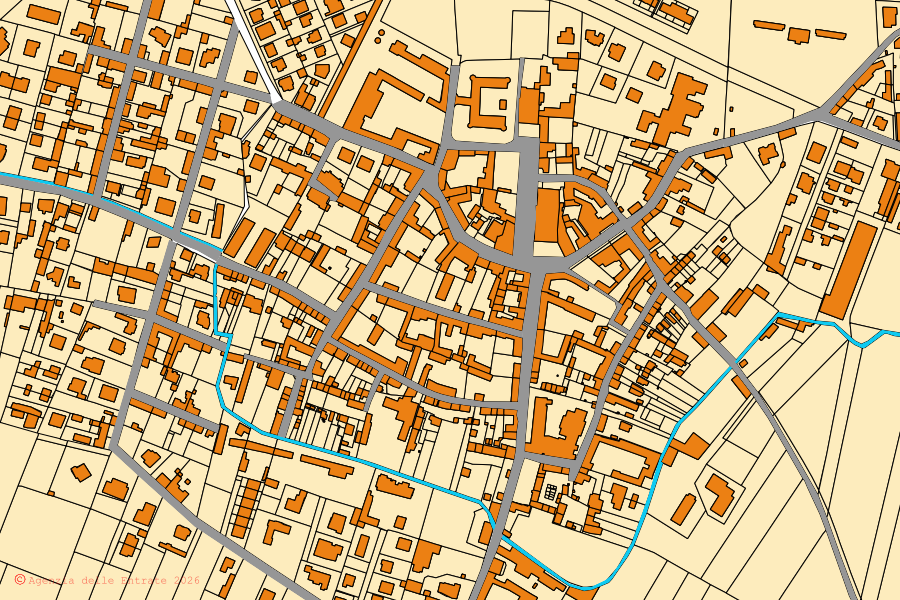 Mapa cadastral do centro de Frascarolo: parcelas e edifícios, cartografia da Agenzia delle Entrate
