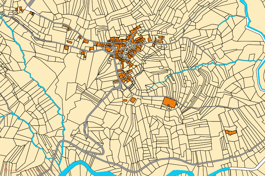 Mapa cadastral do centro de Frisanco: parcelas e edifícios, cartografia da Agenzia delle Entrate
