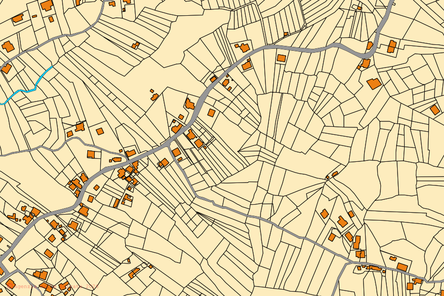 Mapa cadastral do centro de Frosinone: parcelas e edifícios, cartografia da Agenzia delle Entrate