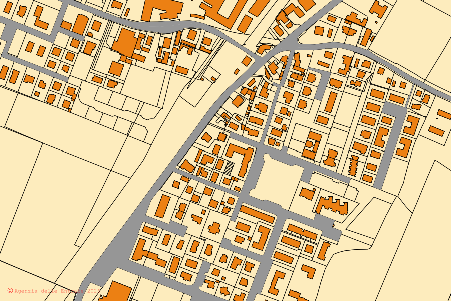 Mapa cadastral do centro de Galliera: parcelas e edifícios, cartografia da Agenzia delle Entrate