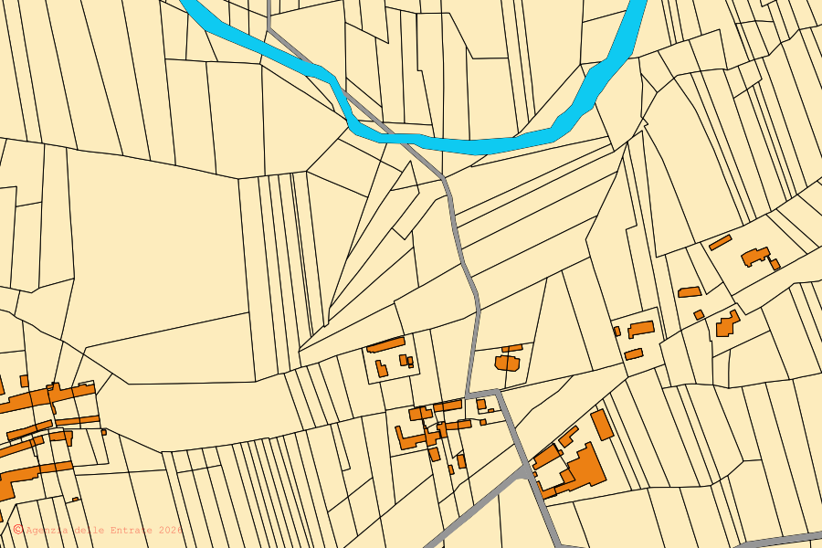Mapa cadastral do centro de Garzigliana: parcelas e edifícios, cartografia da Agenzia delle Entrate