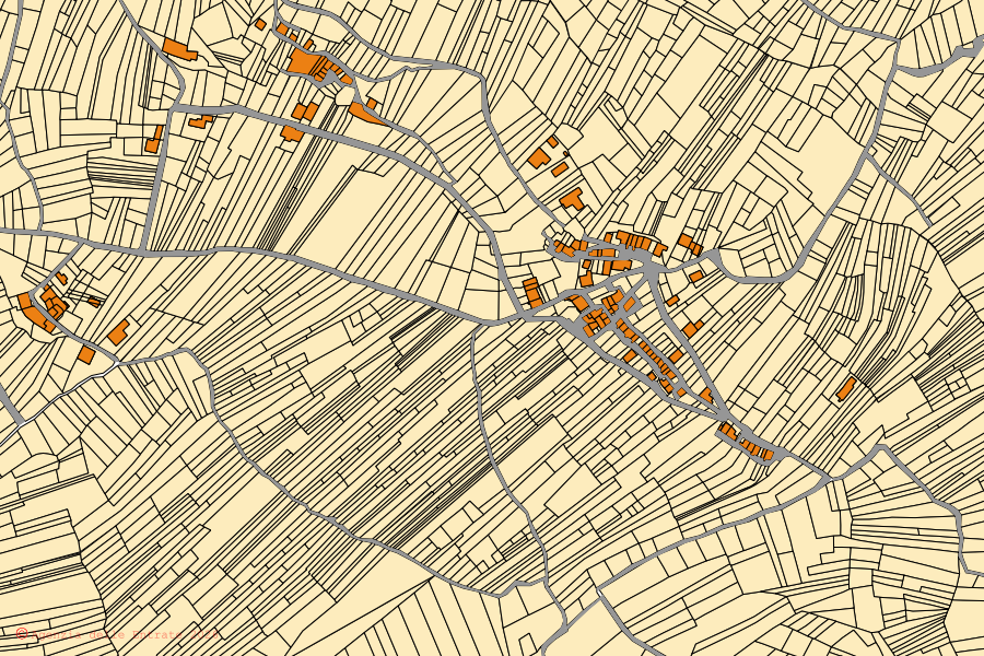 Mapa cadastral do centro de Gioia dei Marsi: parcelas e edifícios, cartografia da Agenzia delle Entrate