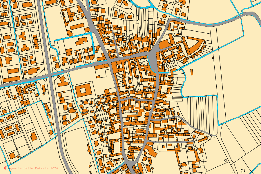 Mapa cadastral do centro de Graffignana: parcelas e edifícios, cartografia da Agenzia delle Entrate