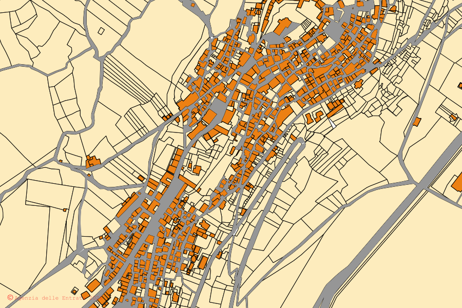 Mapa cadastral do centro de Grumento Nova: parcelas e edifícios, cartografia da Agenzia delle Entrate