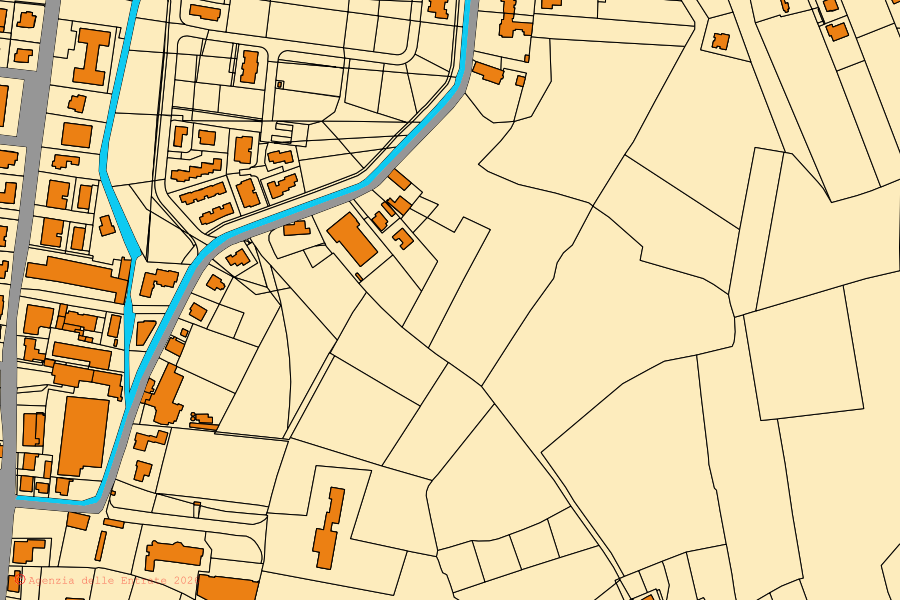 Mapa cadastral do centro de Grumolo delle Abbadesse: parcelas e edifícios, cartografia da Agenzia delle Entrate