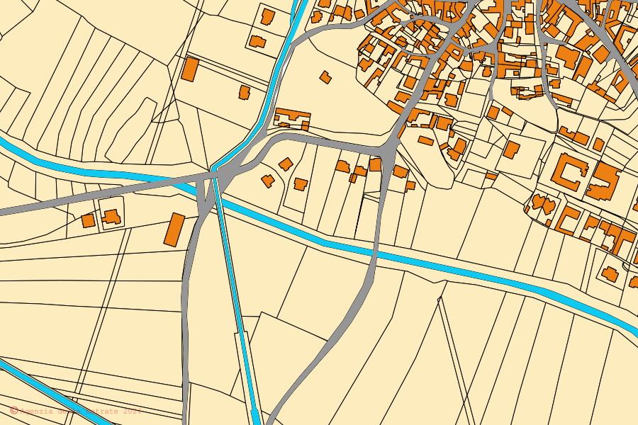 Mapa cadastral do centro de Guamaggiore: parcelas e edifícios, cartografia da Agenzia delle Entrate