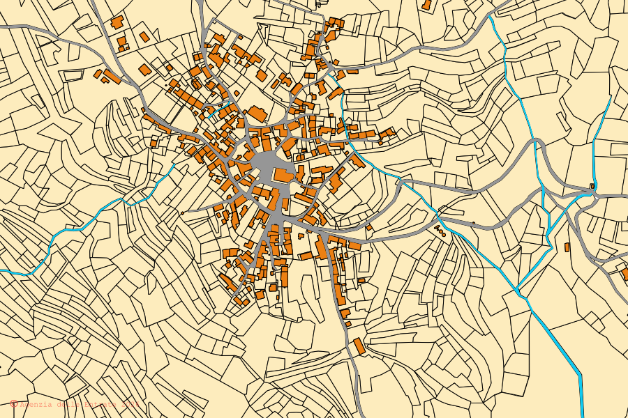 Mapa cadastral do centro de Lauco: parcelas e edifícios, cartografia da Agenzia delle Entrate