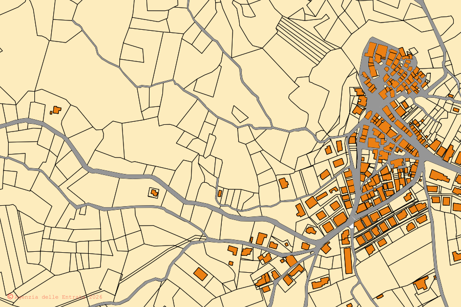 Mapa cadastral do centro de Lentella: parcelas e edifícios, cartografia da Agenzia delle Entrate