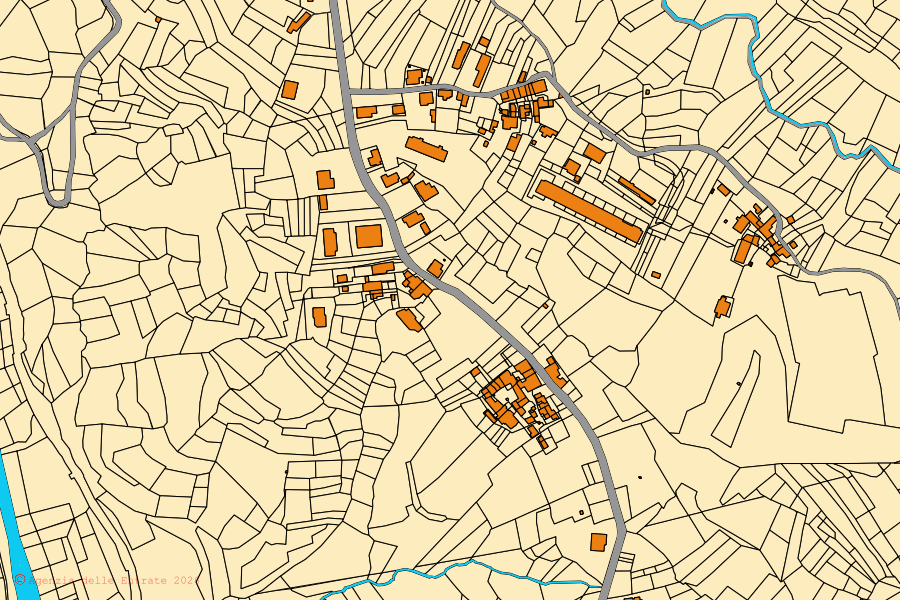 Mapa cadastral do centro de Lessona: parcelas e edifícios, cartografia da Agenzia delle Entrate