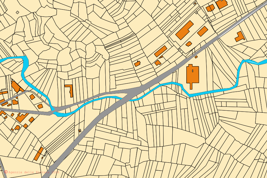 Mapa cadastral do centro de Levone: parcelas e edifícios, cartografia da Agenzia delle Entrate
