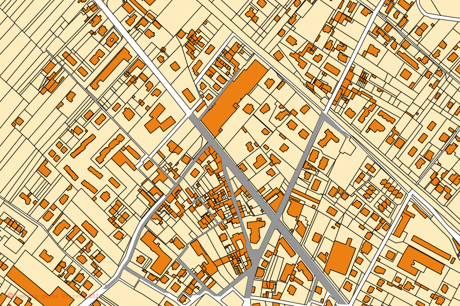 Mapa cadastral do centro de Locate Varesino: parcelas e edifícios, cartografia da Agenzia delle Entrate