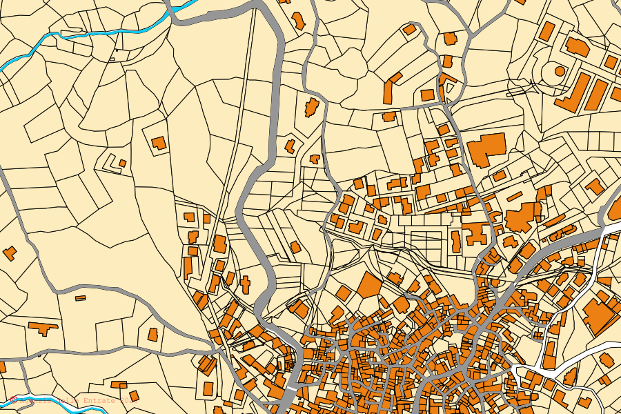 Mapa cadastral do centro de Loceri: parcelas e edifícios, cartografia da Agenzia delle Entrate