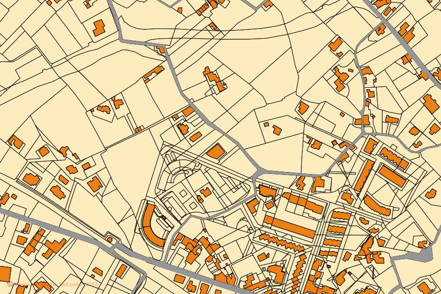Mapa cadastral do centro de Locorotondo: parcelas e edifícios, cartografia da Agenzia delle Entrate