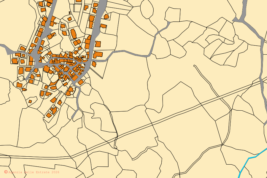 Mapa cadastral do centro de Lodine: parcelas e edifícios, cartografia da Agenzia delle Entrate