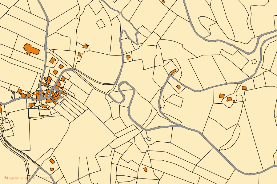 Mapa cadastral do centro de Loiano: parcelas e edifícios, cartografia da Agenzia delle Entrate