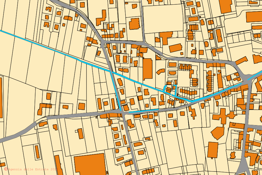 Mapa cadastral do centro de Loria: parcelas e edifícios, cartografia da Agenzia delle Entrate