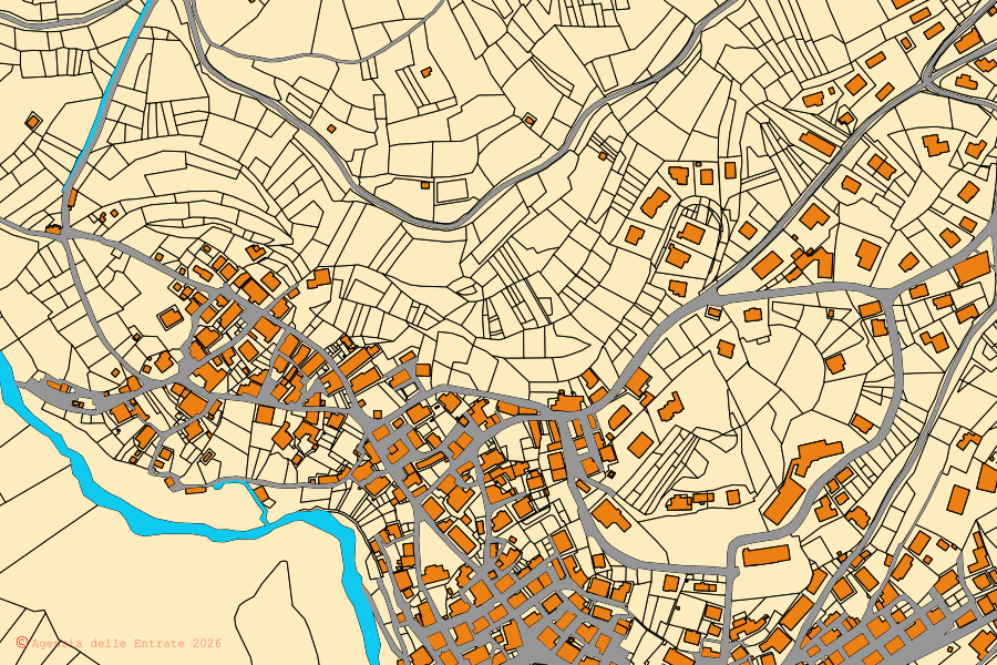 Mapa cadastral do centro de Lozzo di Cadore: parcelas e edifícios, cartografia da Agenzia delle Entrate