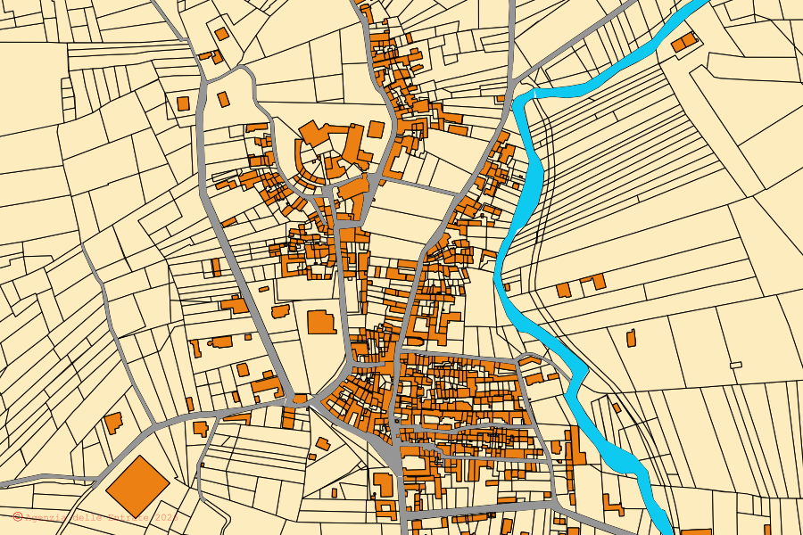 Mapa cadastral do centro de Lozzolo: parcelas e edifícios, cartografia da Agenzia delle Entrate