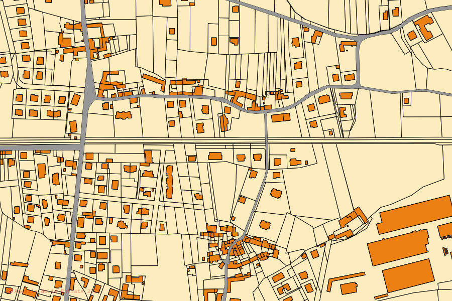 Mapa cadastral do centro de Luserna San Giovanni: parcelas e edifícios, cartografia da Agenzia delle Entrate