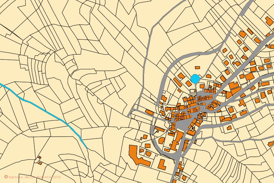 Mapa cadastral do centro de Lusiana Conco: parcelas e edifícios, cartografia da Agenzia delle Entrate