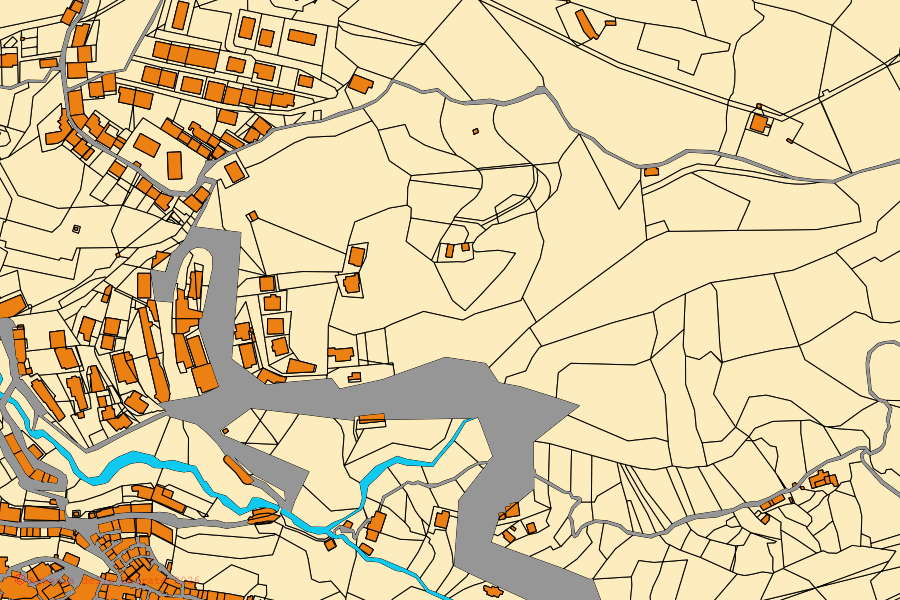 Mapa cadastral do centro de Luzzi: parcelas e edifícios, cartografia da Agenzia delle Entrate