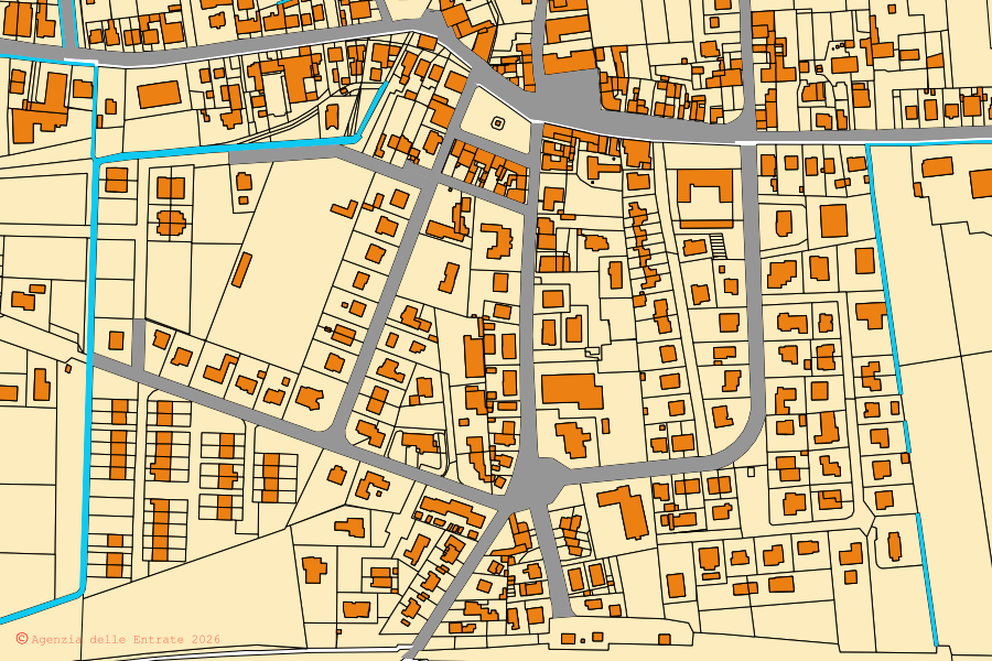 Mapa cadastral do centro de Magnacavallo: parcelas e edifícios, cartografia da Agenzia delle Entrate