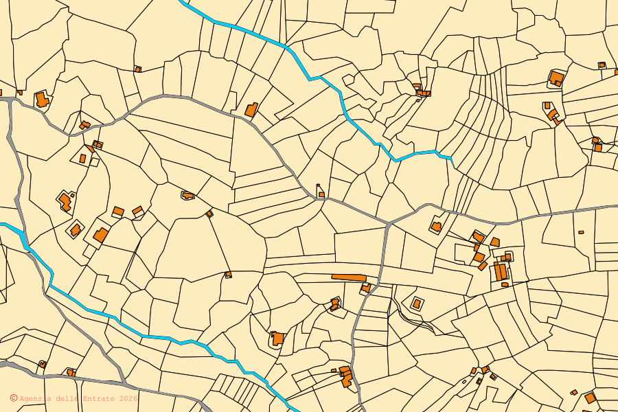Mapa cadastral do centro de Maierà: parcelas e edifícios, cartografia da Agenzia delle Entrate