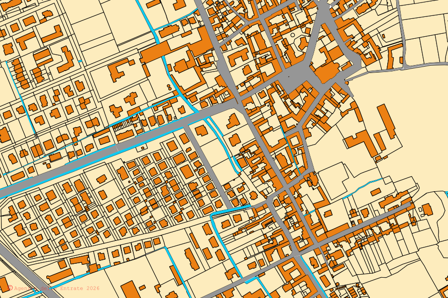 Mapa cadastral do centro de Maleo: parcelas e edifícios, cartografia da Agenzia delle Entrate