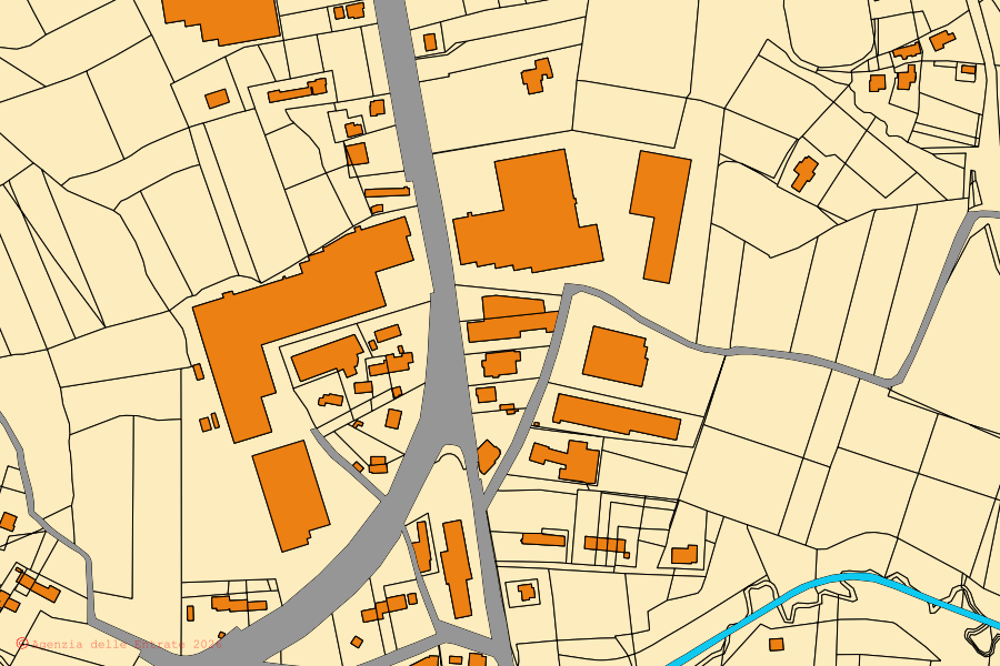 Mapa cadastral do centro de Mansuè: parcelas e edifícios, cartografia da Agenzia delle Entrate